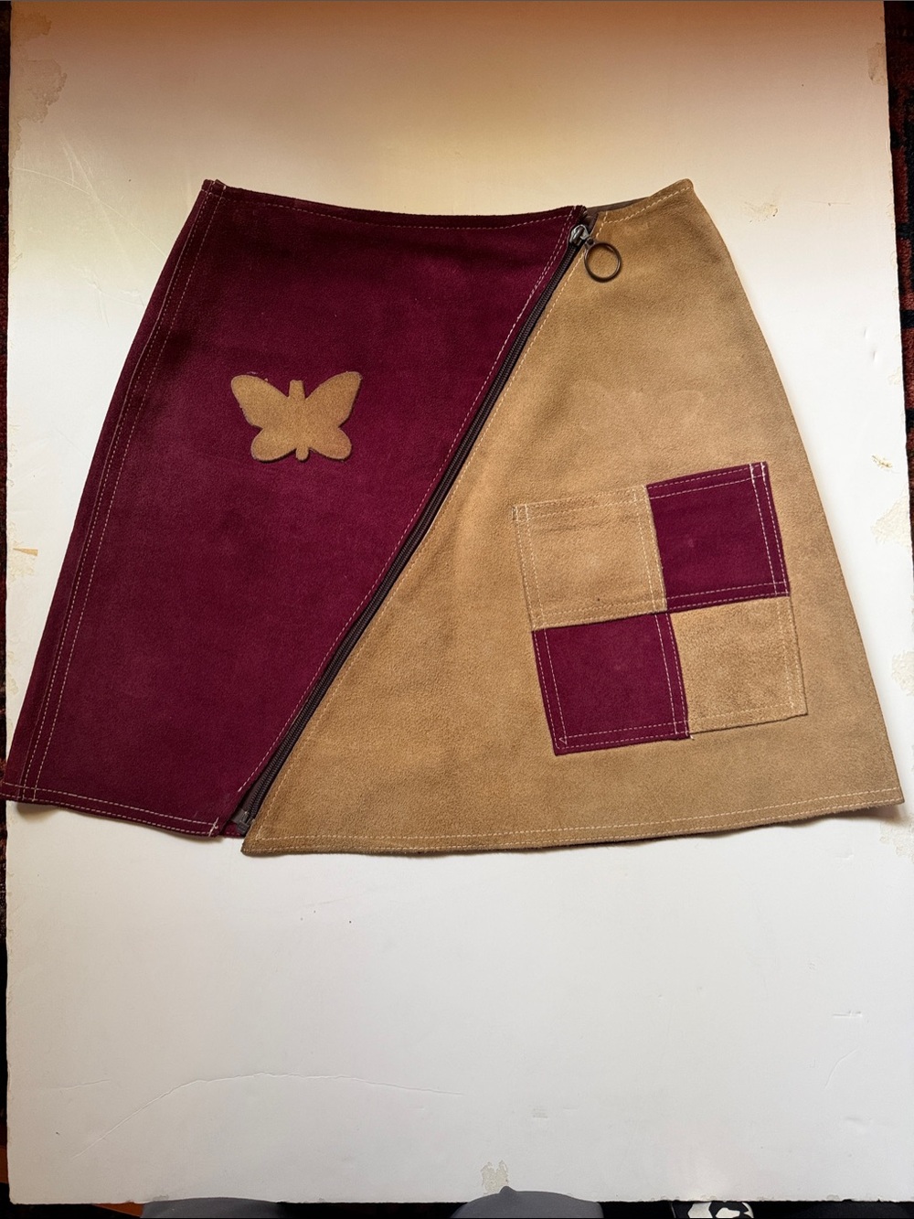 Vintage Fantastic Two-Tone Suede Mini Skirt in Burgundy and Tan